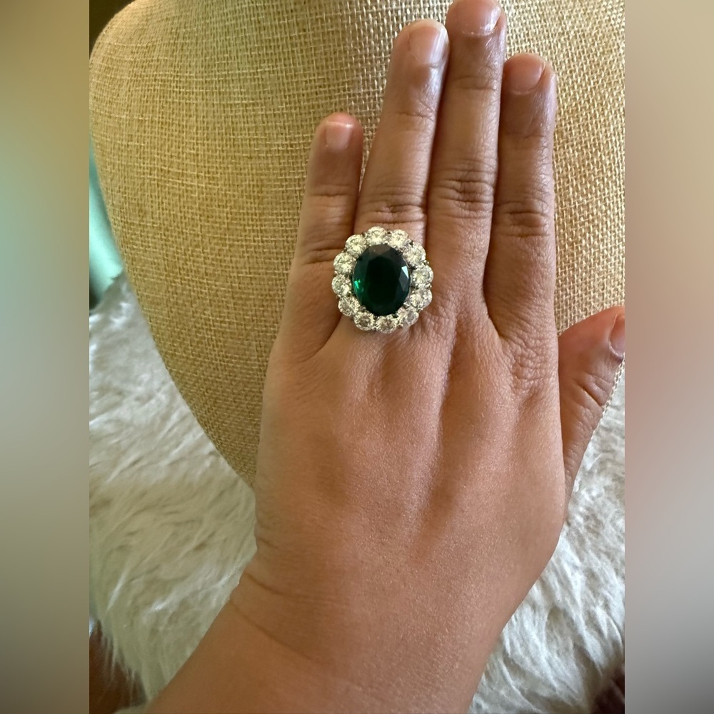 Heavy Solid Sterling 925 Emerald Crystal Halo Cocktail Ring